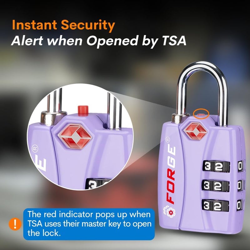 Forge Luggage Locks TSA Approved 4 Pack Purple, Small Combination Lock with Zinc Alloy Body, Open Alert, Easy Read Dials, for Travel Suitcase, Bag, Backpack, Lockers. - Image 3